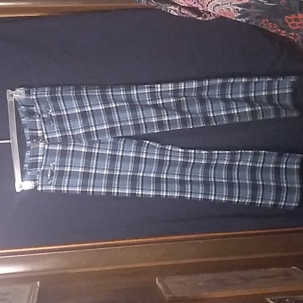 Blue colored plaid pants